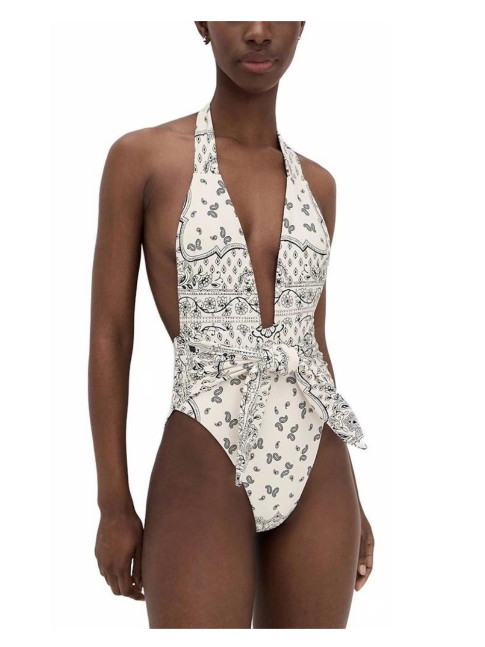 Montce Cream and Black Paisley Halter One-Piece Swimsuit